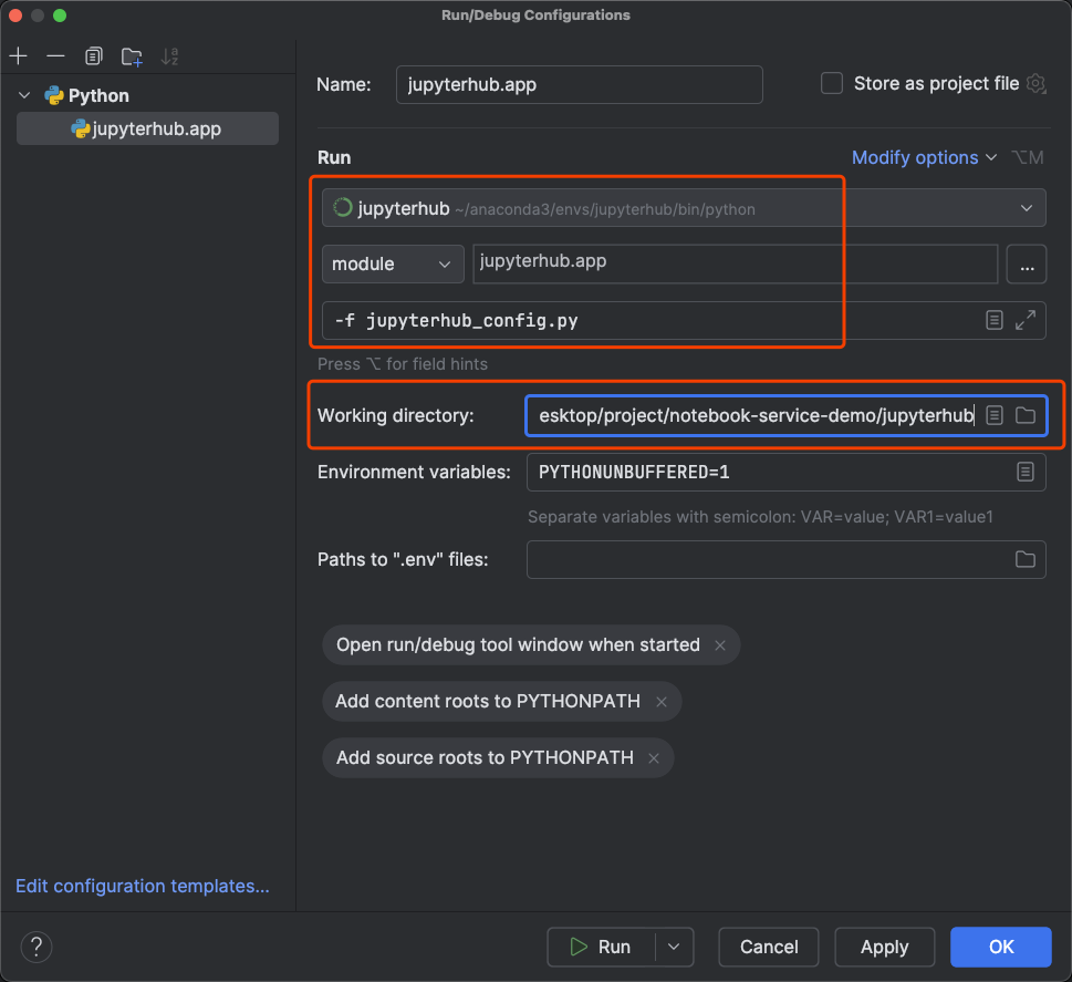 Pycharm run/debug configuration